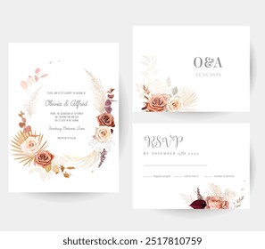 Flower and dried plants vector design frames. Wedding watercolor flowers. Magnolia, brown pink rose, pampas grass, dried palm leaves, burgundy anthurium card. All elements are isolated and editable