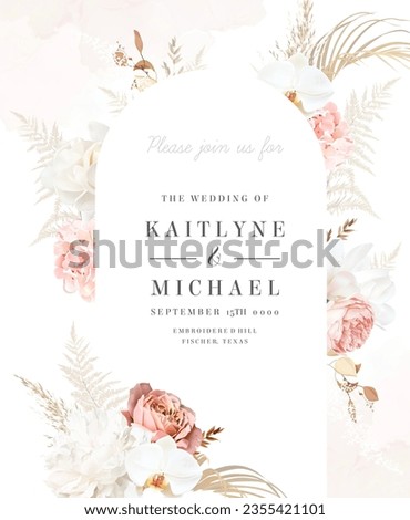 Flower and dried plants vector design round frame. Wedding watercolor flowers. Ivory white magnolia, orchid, ranunculus, blush rose, dried palm, pampas grass card. Elements are isolated and editable