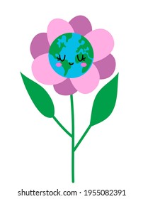 Flower Earth Day 2021. Planet Earth In A Garden Pot Like Home Plant. Earth Day Kawaii Drawing With Heart Shape Earth. Poster Or T-shirt Textile Graphic Design. Beautiful