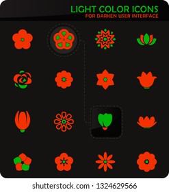 Flower easy color vector icons on dark background for user interface design