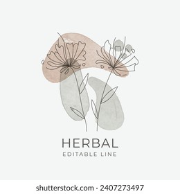 Diseño de líneas editables de flores. Emblema herbario orgánico natural para cosméticos, farmacia, alimentos sanos. Ilustración del vector