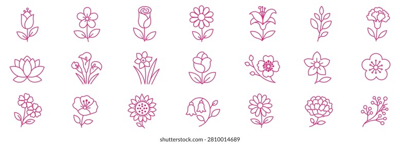 Flower editable line icon set.outline symbols of tulip, rose, lotus, daisy,sunflower and floral design collection.