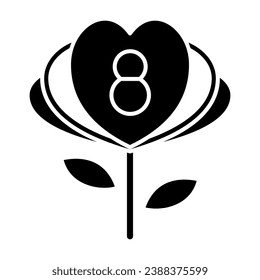 Flor con ocho números y pétalos en forma de corazón sólido icono, 8 de marzo concepto, Día de la Mujer presente signo sobre fondo blanco, flor en forma de icono número ocho en estilo glifo. Vector