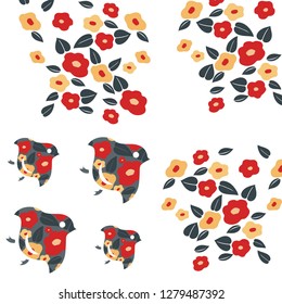 Flower element with bird shapes pattern vector. Japanese template background.