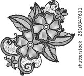 Flower element. Black lace mesh needlework ornament
