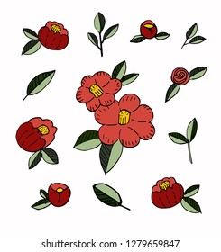 Flower element collection with red petal and green leaves. Cute flower doodle art vector.