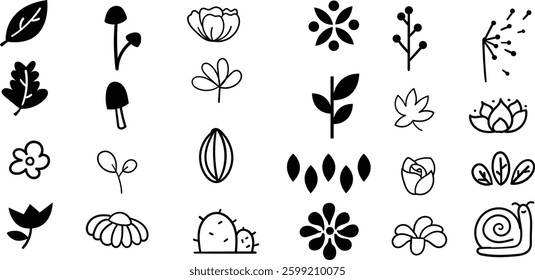 Flower element design set,Thick border design,Floral decoration collection,Hand drawn set,Background flower,leaf isolated design,ink flowers. 