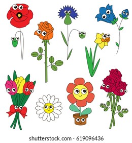 Flower elements set, collection of coloring book template, the group of outline digital elements vector illustration, kid game page.