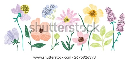 Flower elements vector set. Collection colorful floral of wildflower, leaf branch, foliage with watercolor texture. Hand drawn blossom illustration for decor, easter, thanksgiving, clipart.