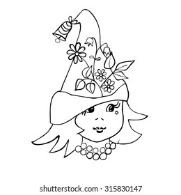 Flower elf with hat. Black and white illustration. Perfect illustration for greeting cards, children books, printing on T-shirts.