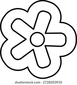 Emblema de flores con pétalos redondeados y círculo central dibujado en negrita línea de contorno de arte. Símbolo de la naturaleza, el crecimiento, la floración y la armonía para la marca y temas de primavera. Ilustración vectorial de dibujos animados.