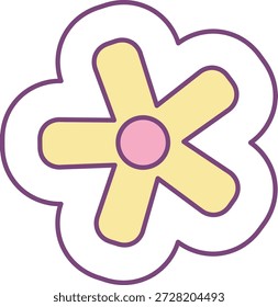 Emblema de flor com pétalas arredondadas e contorno espesso, ponto centrado e curvas suaves. Símbolo de alegria, frescura e positividade para uso de marca ou adesivo. Ilustração de vetor de desenhos animados.
