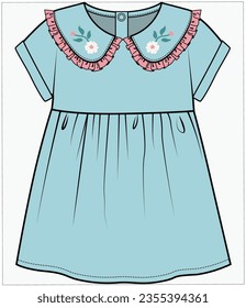 FLOWER EMBROIDERED PETERPAN COLLAR DROP SHOULDER EMPIRE CUT KNIT DRESS DESIGNED FOR INFANT GIRL TODDLER GIRL AND BABY GIRLS IN VECTOR ILLUSTRATION