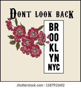 Flower Embroidery Graphic, Hand drawing flower with western slogan. New York, Brooklyn T-shirt print design. Japanese style graphic. 