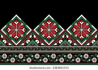 flower embroidery on black background. ikat and cross stitch geometric seamless pattern ethnic oriental traditional. Aztec style illustration design for carpet, wallpaper, clothing, wrapping, batik.