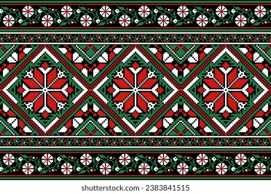 flower embroidery on black background. ikat and cross stitch geometric seamless pattern ethnic oriental traditional. Aztec style illustration design for carpet, wallpaper, clothing, wrapping, batik.