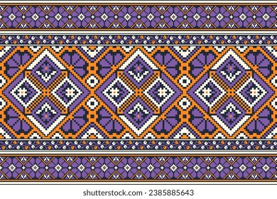 flower embroidery on black background. ikat and cross stitch geometric seamless pattern ethnic oriental traditional. Aztec style illustration design for carpet, wallpaper, clothing, wrapping, batik.