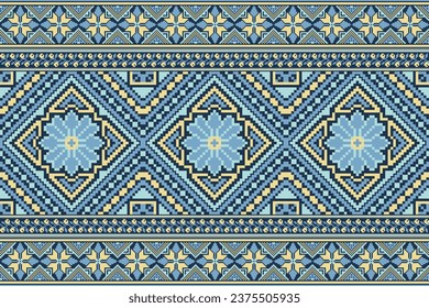 flower embroidery on blue background. ikat and cross stitch geometric seamless pattern ethnic oriental traditional. Aztec style illustration design for carpet, wallpaper, clothing, wrapping, batik.