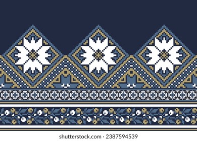 flower embroidery on blue background. ikat and cross stitch geometric seamless pattern ethnic oriental traditional. Aztec style illustration design for carpet, wallpaper, clothing, wrapping, batik.