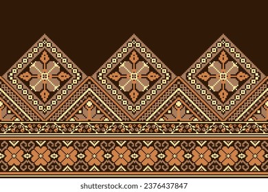 flower embroidery on brown background. ikat and cross stitch geometric seamless pattern ethnic oriental traditional. Aztec style illustration design for carpet, wallpaper, clothing, wrapping, batik.