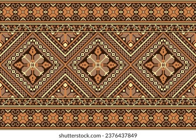 bordado floral sobre fondo marrón. ikat y cross stitch patrón geométrico sin costuras étnico oriental tradicional. Diseño de ilustración de estilo azteca para alfombras, papel pintado, ropa, envoltura, batik.