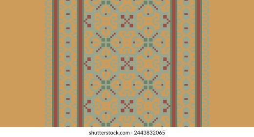 flower embroidery on brown background. ikat and cross stitch geometric seamless pattern ethnic oriental traditional. Aztec style illustration design for carpet, wallpaper, clothing, wrapping, batik.