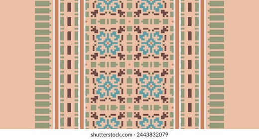 flower embroidery on brown background. ikat and cross stitch geometric seamless pattern ethnic oriental traditional. Aztec style illustration design for carpet, wallpaper, clothing, wrapping, batik.