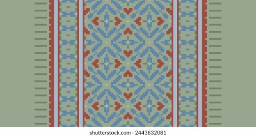flower embroidery on brown background. ikat and cross stitch geometric seamless pattern ethnic oriental traditional. Aztec style illustration design for carpet, wallpaper, clothing, wrapping, batik.