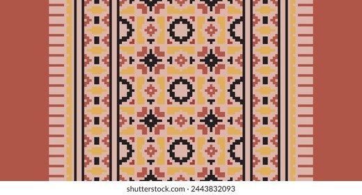flower embroidery on brown background. ikat and cross stitch geometric seamless pattern ethnic oriental traditional. Aztec style illustration design for carpet, wallpaper, clothing, wrapping, batik.