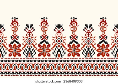 flower embroidery on cream background. ikat and cross stitch geometric seamless pattern ethnic oriental traditional. Aztec style illustration design for carpet, wallpaper, clothing, wrapping, batik.