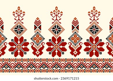 flower embroidery on cream background. ikat and cross stitch geometric seamless pattern ethnic oriental traditional. Aztec style illustration design for carpet, wallpaper, clothing, wrapping, batik.