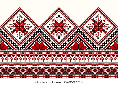 flower embroidery on cream background. ikat and cross stitch geometric seamless pattern ethnic oriental traditional. Aztec style illustration design for carpet, wallpaper, clothing, wrapping, batik.