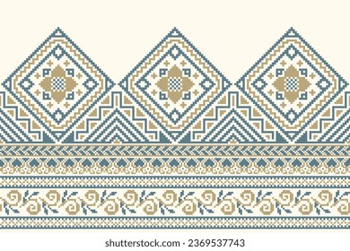 flower embroidery on cream background. ikat and cross stitch geometric seamless pattern ethnic oriental traditional. Aztec style illustration design for carpet, wallpaper, clothing, wrapping, batik.