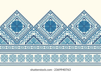 flower embroidery on cream background. ikat and cross stitch geometric seamless pattern ethnic oriental traditional. Aztec style illustration design for carpet, wallpaper, clothing, wrapping, batik.