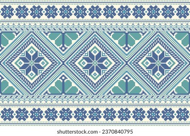 flower embroidery on cream background. ikat and cross stitch geometric seamless pattern ethnic oriental traditional. Aztec style illustration design for carpet, wallpaper, clothing, wrapping, batik.