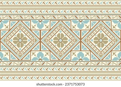 flower embroidery on cream background. ikat and cross stitch geometric seamless pattern ethnic oriental traditional. Aztec style illustration design for carpet, wallpaper, clothing, wrapping, batik.