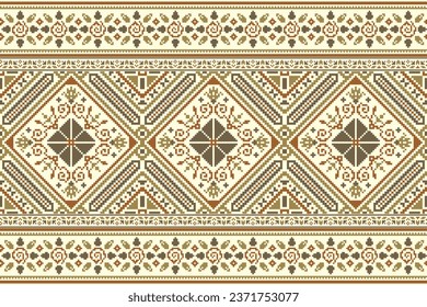 flower embroidery on cream background. ikat and cross stitch geometric seamless pattern ethnic oriental traditional. Aztec style illustration design for carpet, wallpaper, clothing, wrapping, batik.