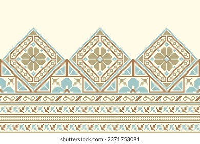 flower embroidery on cream background. ikat and cross stitch geometric seamless pattern ethnic oriental traditional. Aztec style illustration design for carpet, wallpaper, clothing, wrapping, batik.