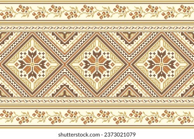 flower embroidery on cream background. ikat and cross stitch geometric seamless pattern ethnic oriental traditional. Aztec style illustration design for carpet, wallpaper, clothing, wrapping, batik.