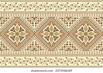 flower embroidery on cream background. ikat and cross stitch geometric seamless pattern ethnic oriental traditional. Aztec style illustration design for carpet, wallpaper, clothing, wrapping, batik.