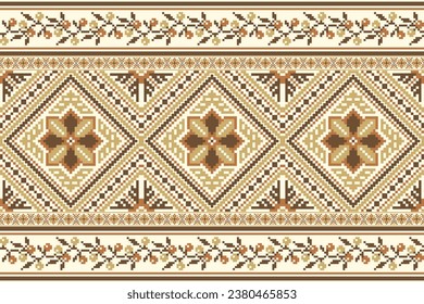 flower embroidery on cream background. ikat and cross stitch geometric seamless pattern ethnic oriental traditional. Aztec style illustration design for carpet, wallpaper, clothing, wrapping, batik.