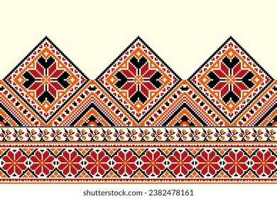 flower embroidery on cream background. ikat and cross stitch geometric seamless pattern ethnic oriental traditional. Aztec style illustration design for carpet, wallpaper, clothing, wrapping, batik.