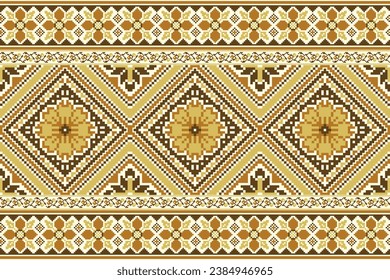 flower embroidery on cream background. ikat and cross stitch geometric seamless pattern ethnic oriental traditional. Aztec style illustration design for carpet, wallpaper, clothing, wrapping, batik.