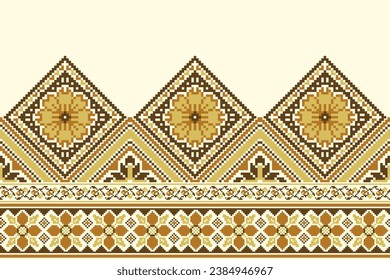 flower embroidery on cream background. ikat and cross stitch geometric seamless pattern ethnic oriental traditional. Aztec style illustration design for carpet, wallpaper, clothing, wrapping, batik.