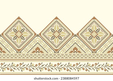 flower embroidery on cream background. ikat and cross stitch geometric seamless pattern ethnic oriental traditional. Aztec style illustration design for carpet, wallpaper, clothing, wrapping, batik.