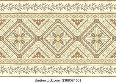 flower embroidery on cream background. ikat and cross stitch geometric seamless pattern ethnic oriental traditional. Aztec style illustration design for carpet, wallpaper, clothing, wrapping, batik.