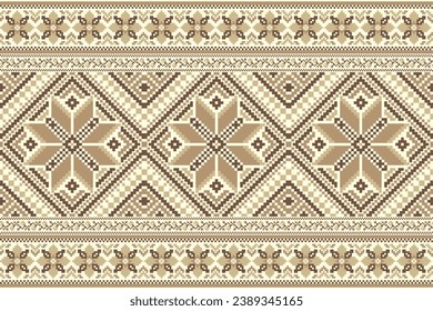 flower embroidery on cream background. ikat and cross stitch geometric seamless pattern ethnic oriental traditional. Aztec style illustration design for carpet, wallpaper, clothing, wrapping, batik.