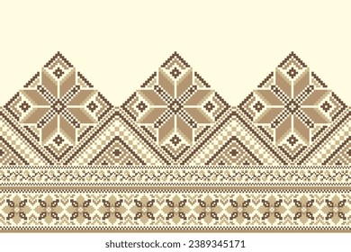 flower embroidery on cream background. ikat and cross stitch geometric seamless pattern ethnic oriental traditional. Aztec style illustration design for carpet, wallpaper, clothing, wrapping, batik.