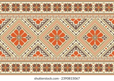 flower embroidery on cream background. ikat and cross stitch geometric seamless pattern ethnic oriental traditional. Aztec style illustration design for carpet, wallpaper, clothing, wrapping, batik.