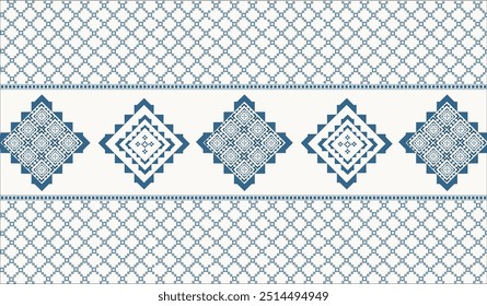 flower embroidery on cream background. ikat and cross stitch geometric seamless pattern ethnic oriental traditional. Aztec style illustration design for carpet, wallpaper, clothing, wrapping, batik.
